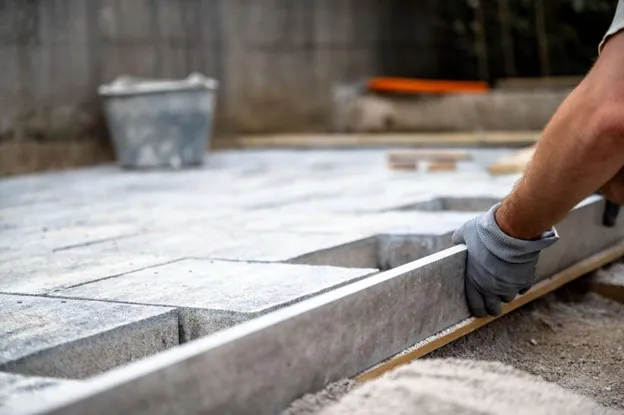 Contractor leveling patio surface during concrete patio installation in Royse City, TX, backyard